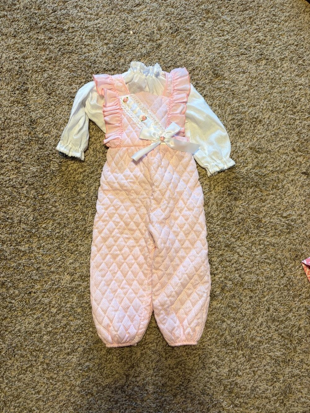 Vintage pink polkadot quilted lacy overall outfit set